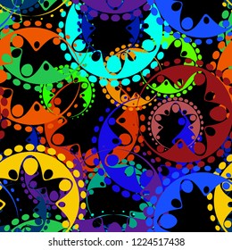 Vector seamless texture of bright green and blue gears and laurel wreaths in kaleidoscope style on a black background. To decorate fabrics for kids and moms or festive paper.