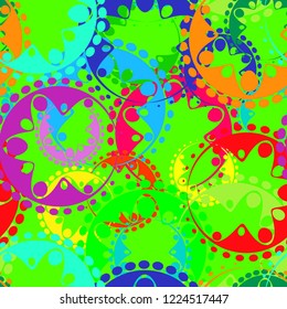 Vector seamless texture of bright green gears and laurel wreaths in kaleidoscope rainbow style. To decorate fabrics for kids and moms or festive paper.
