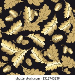 Vector seamless texture with brown Golden oak leaves and acorns on black background