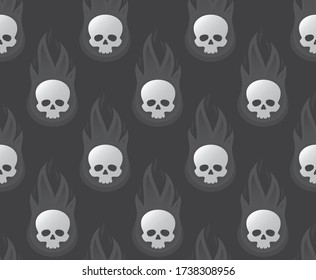 Vector seamless texture of a burning skull against a gray background.