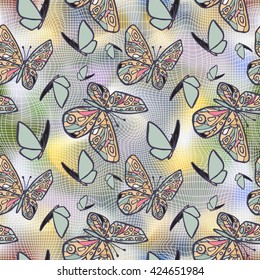 Vector seamless texture with butterflies, distorting net space. Eps-8