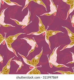Vector seamless texture of the butterfly on the red background