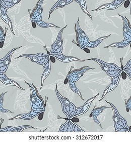 Vector seamless texture of the butterfly on the grey background