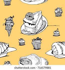 vector seamless texture of cake, ice cream, straws with cream, piece of cake, muffin, line art