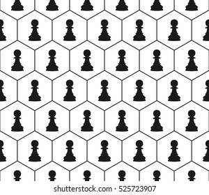 Vector seamless texture with chess pieces. Chess pieces in bee cells. White background.