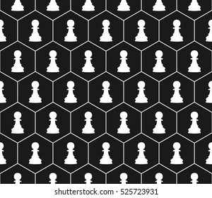 Vector seamless texture with chess pieces. Chess pieces in bee cells. Black background.