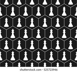 Vector seamless texture with chess pieces. Chess pieces in bee cells. Black background.