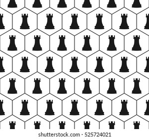 Vector seamless texture with chess pieces. Chess pieces in bee cells. White background.