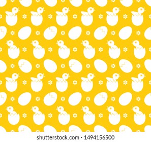 vector seamless texture with chick hatching from eggs isolated on yellow background