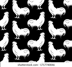 vector seamless texture with chicken cocks on black background
