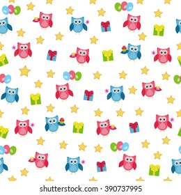 Vector seamless texture children, a birthday celebration. Owl with gifts, flowers and sweets, on the background of stars.