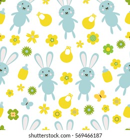 Vector seamless texture children. Cute bunnies among bottles, bibs, flowers and butterflies.