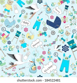 Vector seamless texture. Children endless background on birthday boy in blue. Vector background for use in design. Use for wallpaper, fabrics, packaging