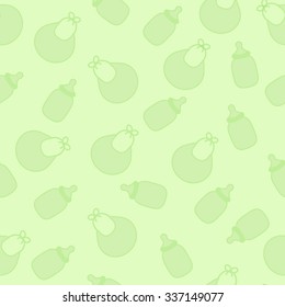 Vector seamless texture with children's bottles and bibs light green color for boy or girl