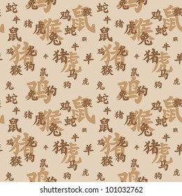 Vector seamless texture of chinese zodiac hieroglyphs