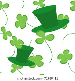 Vector seamless texture with clovers and green hats