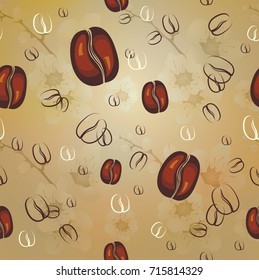 Vector seamless texture with coffee beans on golden background with flowers. Creative design cafe idea. Coffee or any hot beverage icon