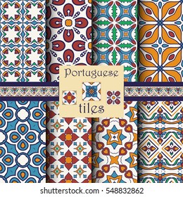 Vector seamless texture collection. Set of beautiful colored patterns for design and fashion with decorative elements. Portuguese tiles, Azulejo, Moroccan ornaments