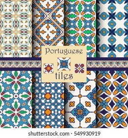 Vector seamless texture collection. Set of beautiful colored patterns for design and fashion with decorative elements. Portuguese tiles, Azulejo, Moroccan ornaments