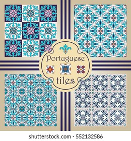 Vector seamless texture collection. Set of beautiful colored patterns for design and fashion with decorative elements. Portuguese tiles, Azulejo, Moroccan ornaments