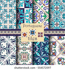 Vector seamless texture collection. Set of beautiful colored patterns for design and fashion with decorative elements. Portuguese tiles, Azulejo, Moroccan ornaments