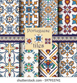 Vector seamless texture collection. Set of beautiful colored patterns for design and fashion with decorative elements. Portuguese tiles, Azulejo, Moroccan ornaments
