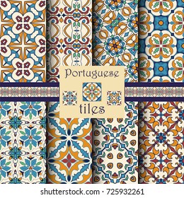 Vector seamless texture collection. Set of beautiful colored patterns for design and fashion with decorative elements. Portuguese tiles, Azulejo, Moroccan ornaments