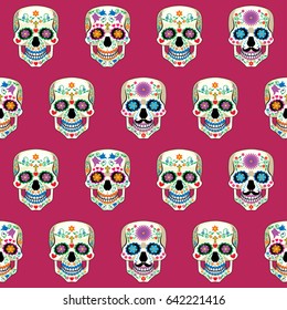 Vector seamless texture with colored Mexican skull Calavera on  burgundy background