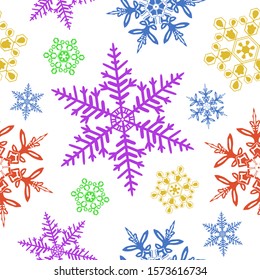 Vector seamless texture. Colored snowflakes on the white background.