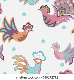 Vector seamless texture with colorful decorative birds and blue dots on wight background. Easter colorful texture