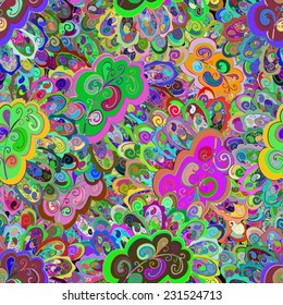 Vector seamless texture with colorful doodles. Endless background. Ethnic seamless pattern. Vector backdrop. Bright pattern. Summer template. Use for wallpaper,pattern fills, web page background 