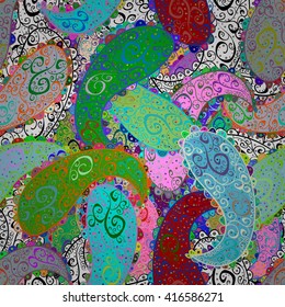 Vector seamless texture with colorful doodles. Endless background. 