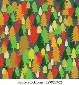 Vector seamless texture with colorful fir-trees on gray background