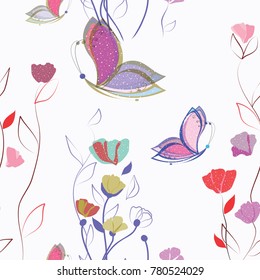 Vector seamless texture with colorful flowers and purple butterfly on white background. Holiday floral card with butterflies
