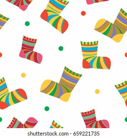 Vector seamless texture with colorful socks and colorful dots on white background