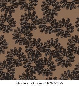 Vector seamless texture of craft paper background with black flowers pattern. Brown cardboard sheet for wrapping, abstract pattern.