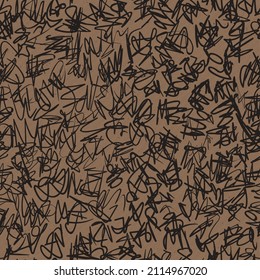 Vector seamless texture of craft paper background with black chaos scribble pattern. Brown cardboard sheet for wrapping, abstract pattern.