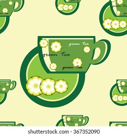 Vector seamless texture with cup of green tea and lemons on light beige background