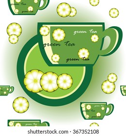 Vector seamless texture with cup of green tea and lemons on light background