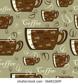 Vector seamless texture with cups of coffee and text on almond color background