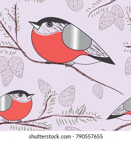Vector seamless texture with cute bullfinches on stylish Christmas tree branches. Hand-drawn bullfinches on light green background. Natural wallpaper 