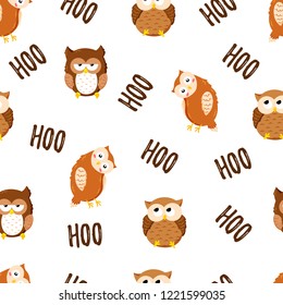 Vector seamless texture with cute cartoon owls. Doodle pattern. Template for print, textile, web design