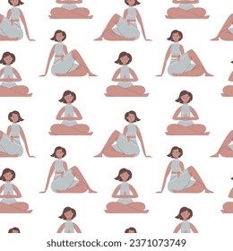 Vector seamless texture with cute cartoon women in yoga poses. Nice girls training. Activity lifestyle wallpaper.