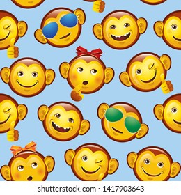 Vector seamless texture with cute smiling faces of cartoon monkeys