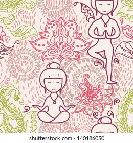 Vector seamless texture with cute yoga girls and beautiful paisley ornament