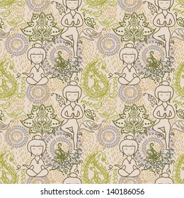Vector seamless texture with cute yoga girls and beautiful paisley ornament