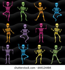 Vector seamless texture of dancing colorful bright fun skeletons