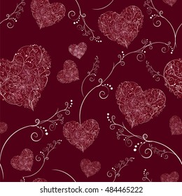 Vector seamless texture with decorative hearts and white branches on dark burgundy background
