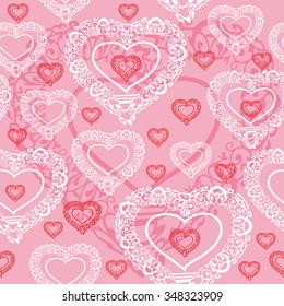 Vector seamless texture with decorative red and white hearts on light pink background 