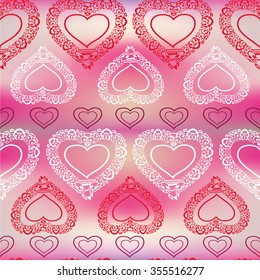 Vector seamless texture with decorative red and white hearts on iridescent pink background 